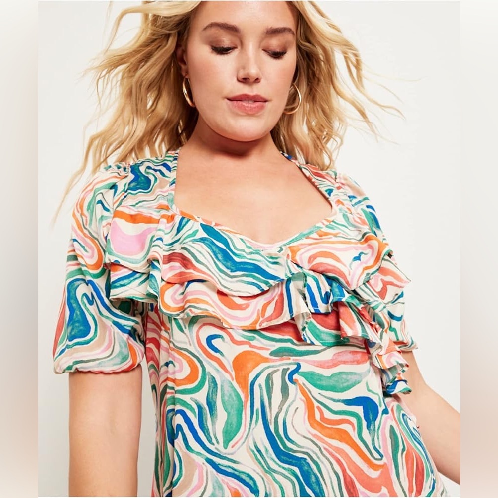 NWT June + Vie Printed Watercolor Marble Multicolor Hi-Low Ruffle Midi Dress - Picture 4 of 11